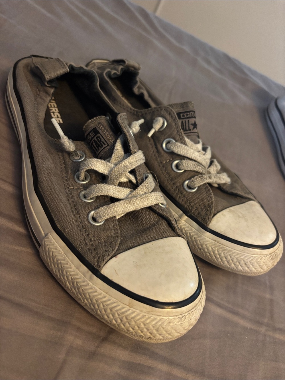 Converse Low Top Canvas Sneakers in Olive Gray with White Toe Caps